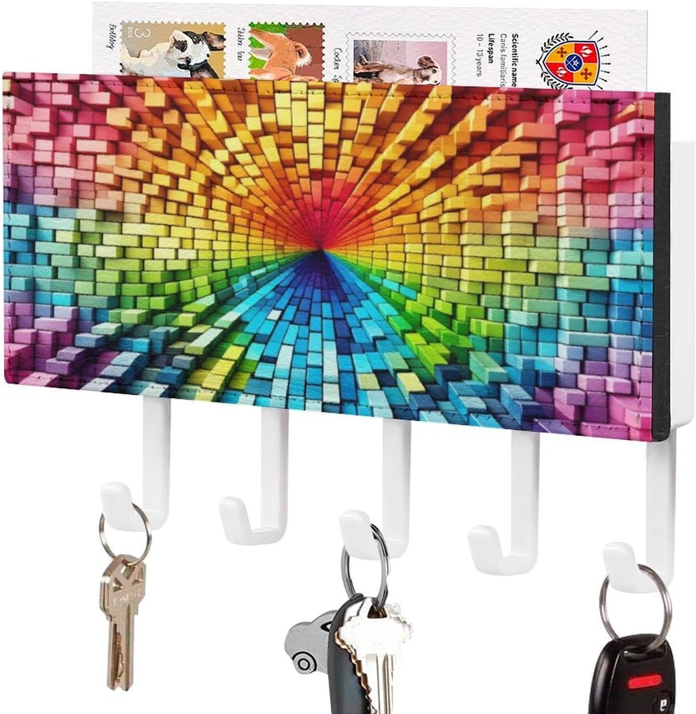 Vibrant Rainbow Gradient Brick Wall Mounted Key Holder 7.1x4.3 Inch,Entryway Key Rack with Mail Organizer Decorative Mail and Key Storage Organizer for Entryway Hallway Office