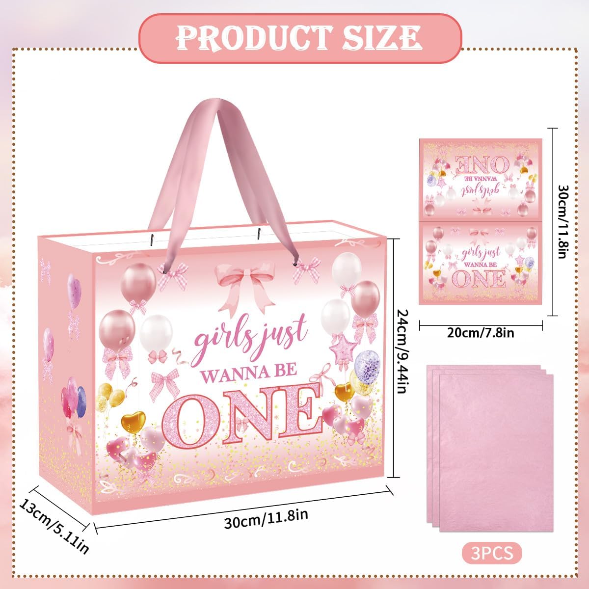Koazava Pink Bow 1 St Birthday Gift Bag, Girls Just Wanna Be One Birthday Decorations for Baby Girls, 1 Year Old Girl Gifts with Wrapping Paper Card for Baby Shower Party Favors - Image 3