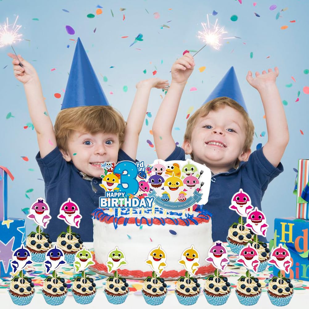 26 Decorazioni Per Torta A Tema Squalo - Per 3° Compleanno, Topper Per Cupcake E Torte - Feste Bambini - Foto 4