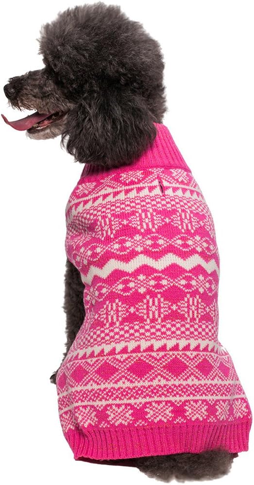 Blueberry Pet 5 Patterns Vintage Tinsel Knit Fair Isle Dog Sweater in Hollywood Cerise, Back Length 16", Pack of 1 Clothes for Dogs