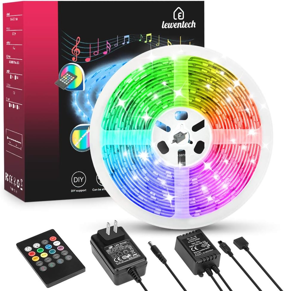 LED Strip Lights Music Sync Color Changing RGB LED Strip 9.8FT SMD5050 Waterproof 20-Key Remote + Sensitive Built-in Mic Led Lights for Bedroom Room Party