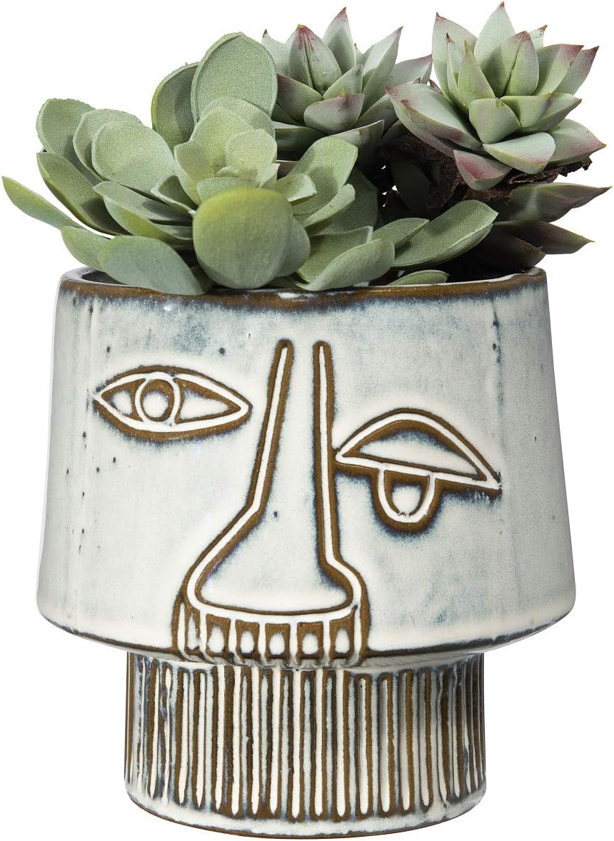 Bloomingville White Stoneware Vase with Abstract Face Design & Reactive Glaze Finish (Each one will vary)