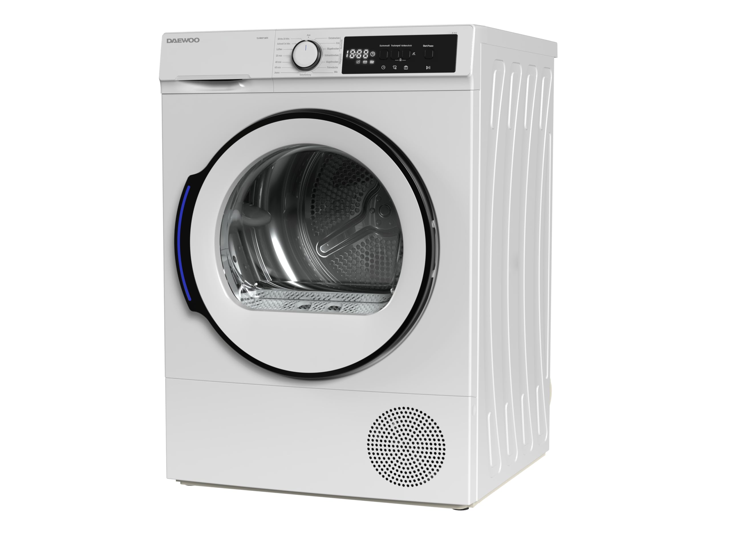 Daewoo TD-B8GP1WD0-DE Wäschetrockner Frontlader, D, 8 kg Wärmepumpentrockner, 15 Programme mit Kurzprogramm, LED-Trommelbeleuchtung, Knitterschutz, Weiß
