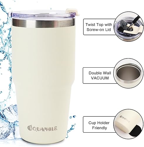 Miniatura 3 de AQUAPHILE Vaso aislado de 20 onzas, taza de viaje de acero inoxidable con tapa y pajilla, vaso de café portátil a prueba de fugas de doble pared al