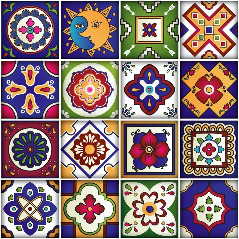 Mexican Tiles Stickers - Pack of 16 Tiles - Tile Decals Art for Walls Kitchen backsplash Bathroom (7.5 x 7.5 inches(Set of 16))