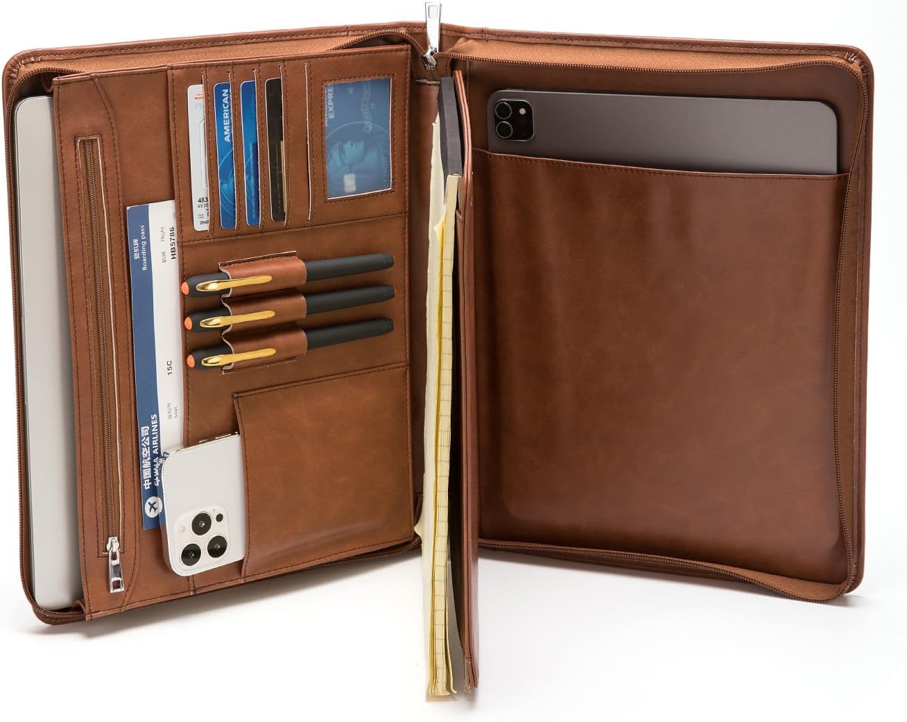 Personalized Vegan Leather Portfolio with Hidden Handle, Front Pocket, Custom Business Padfolio Tablet/13” Laptop Organizer, Professional Executive Document Folio, Brown