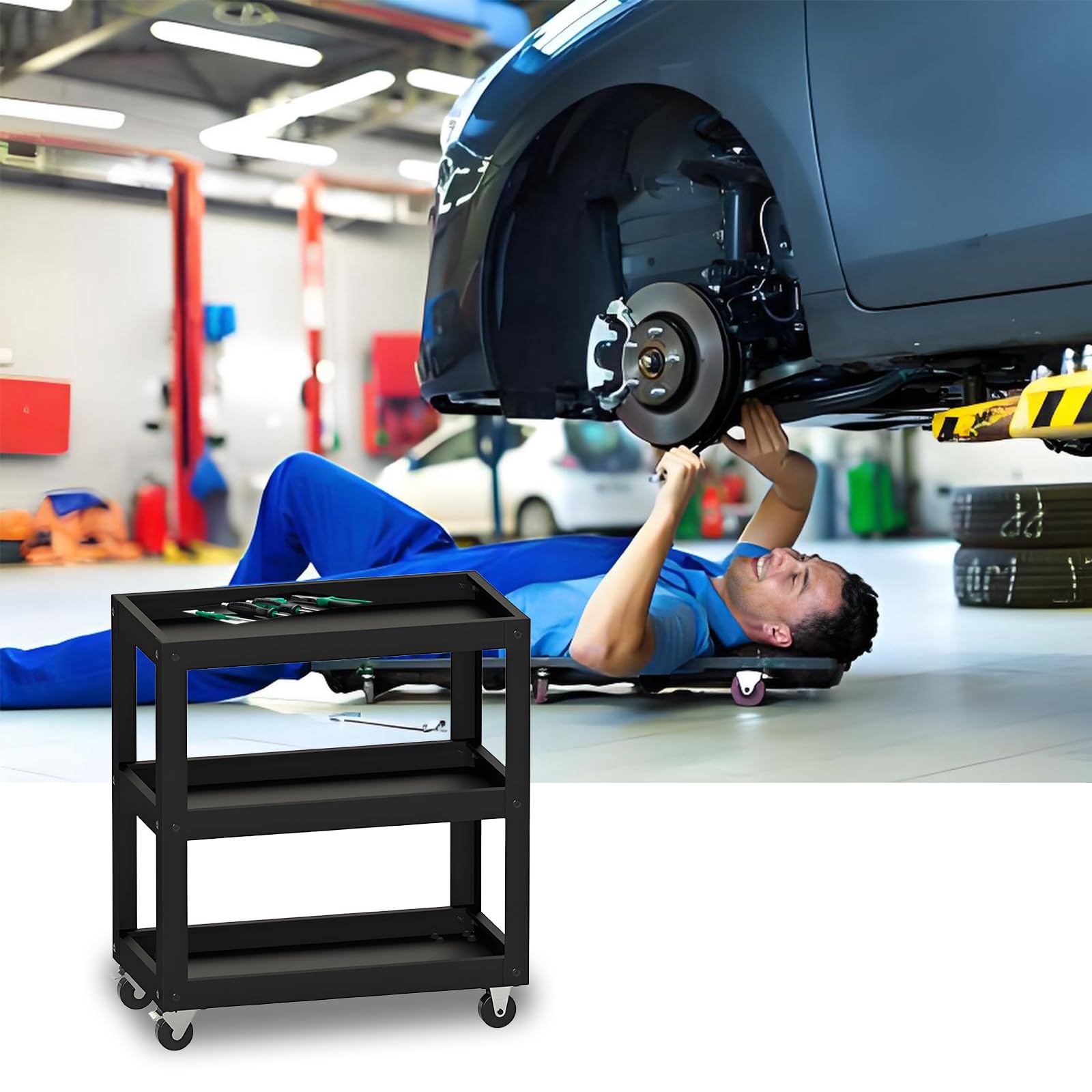 Mobiler Werkstattwagen mit 3 Ebenen, Schwarz, auf Rollen, Mehrzweck-Servicewagen für Garage Zuhause Lager