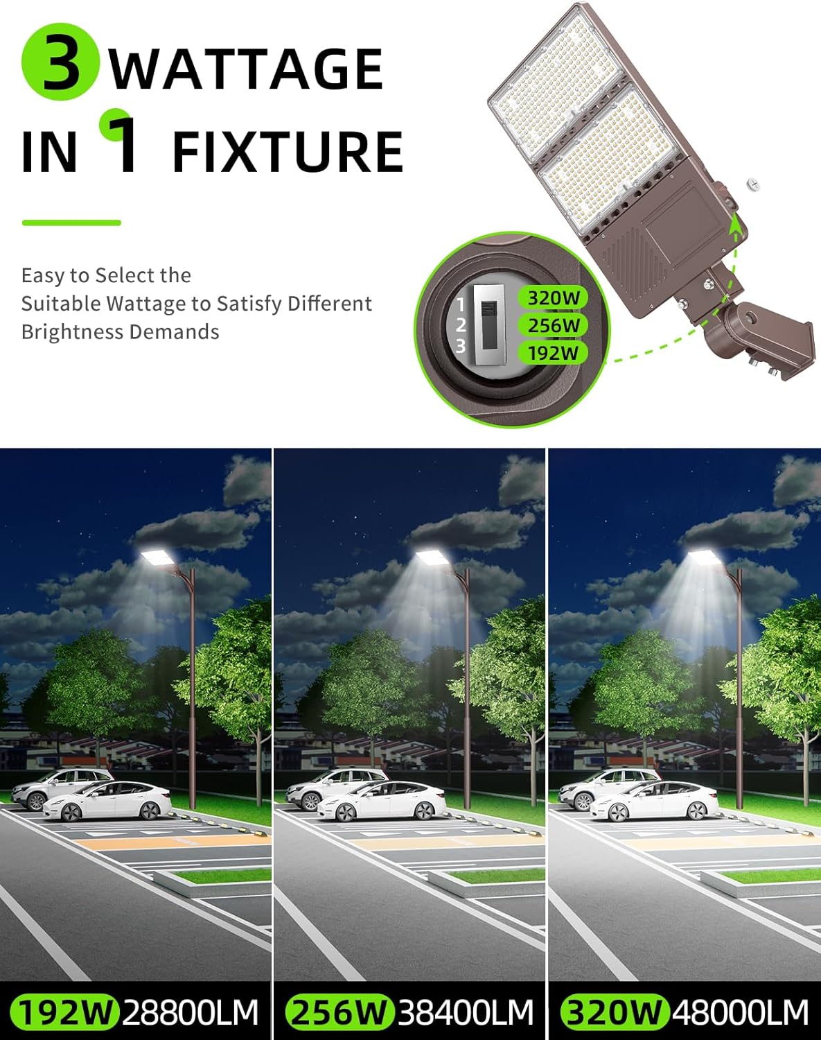LED Parking Lot Light 320W 256W 192W Adjustable with Photocell UL DLC Listed 48000LM LED Shoebox Pole Flood Lights Slip Fit Mount 5000K IP65 Outdoor Street Court Commercial Lighting AC100-277V