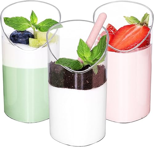 Eupako Paquete de 30 vasos pequeños de plástico para postre de 3 onzas, vasos de plástico transparente, taza de aperitivo inclinada, ideal para