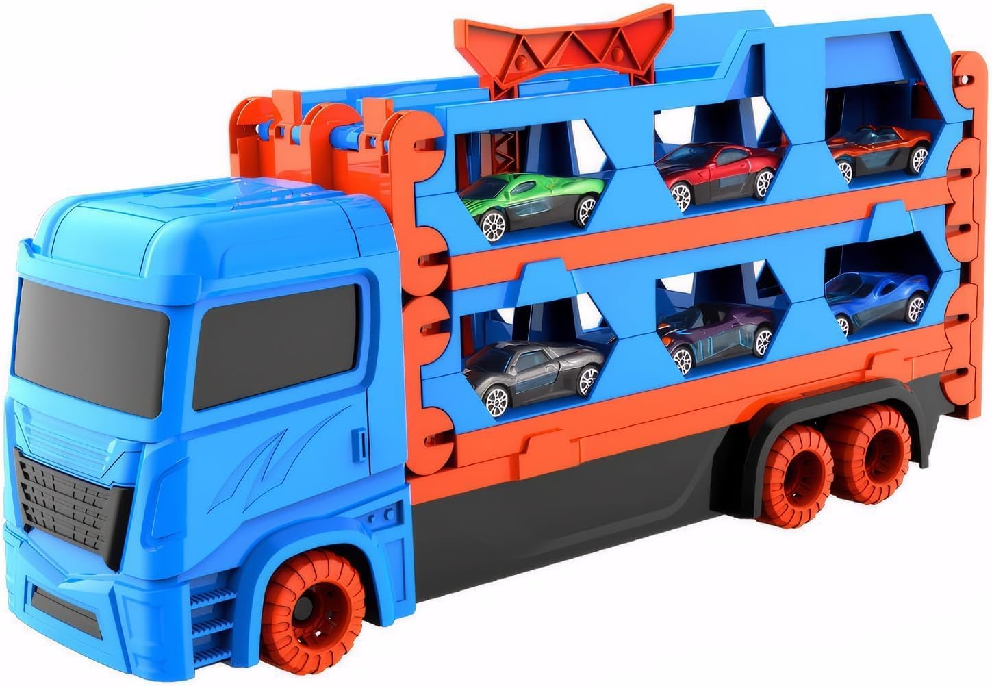 Roscoe Transport Truck Toy Cars with 2 Mini Cars, Ejector Race Track, Portable Car Transporter Toy Parking Garage for Children 3-5 Years