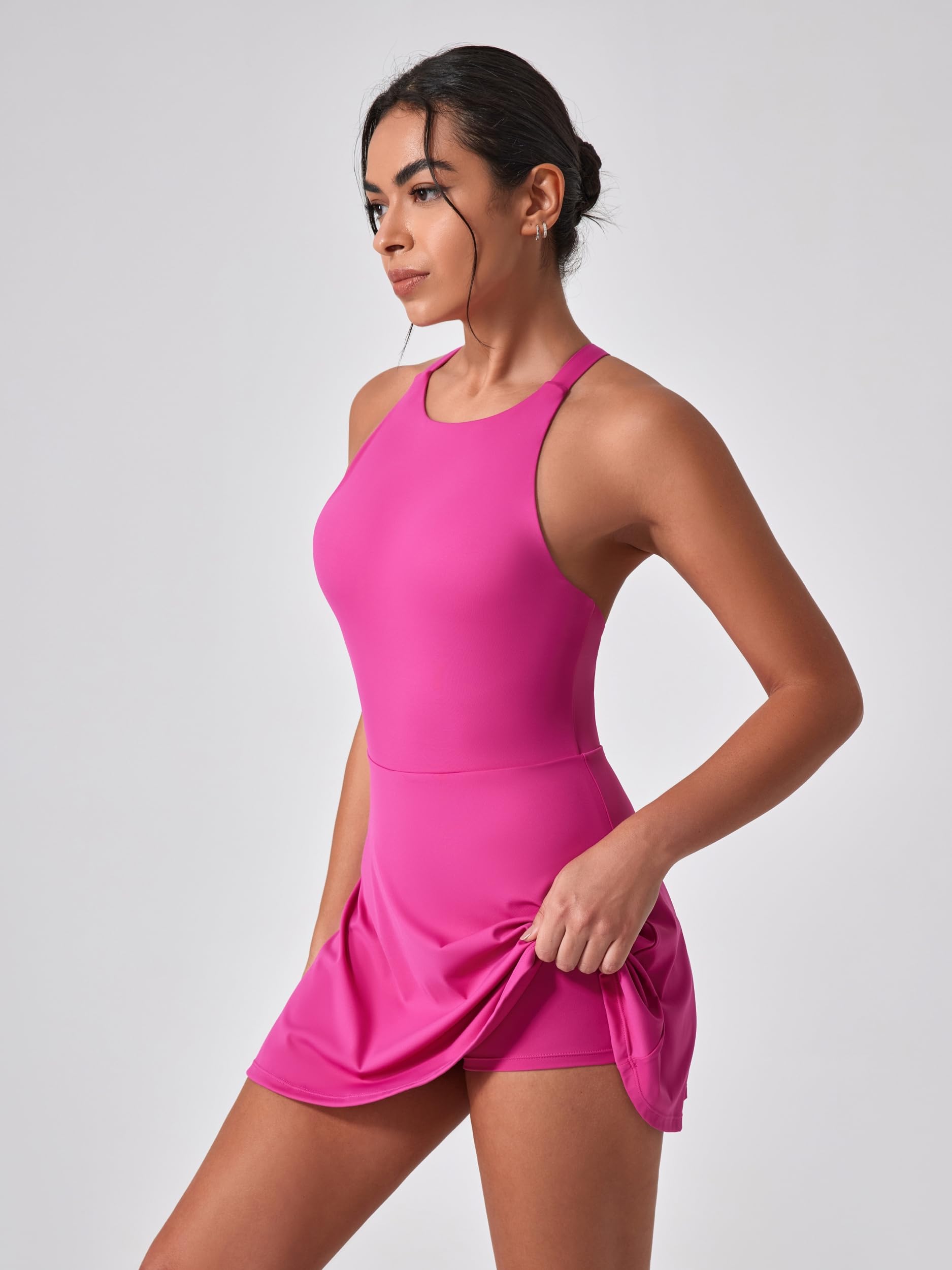 IDOPIP Abito da tennis, da donna, con reggiseno e pantaloncini integrati, tasca sul retro, per lo sport, per il tempo libero, per il fitness, lo sport