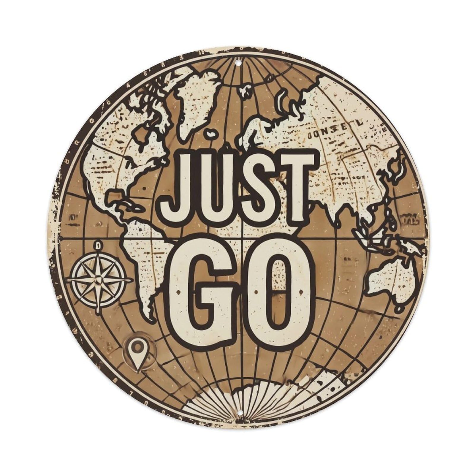 Vintage World Map with Compass Just Go Adventure Metal Tin Sign