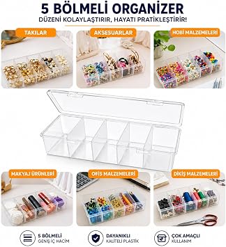 5 Bölmeli Şeffaf Düzenleyici Kutu, Kapaklı Çok Amaçlı Organizer; Takı, Makyaj, Ofis, Aksesuar ve Dikiş Malzemesi Kutusu, 28x6 cm