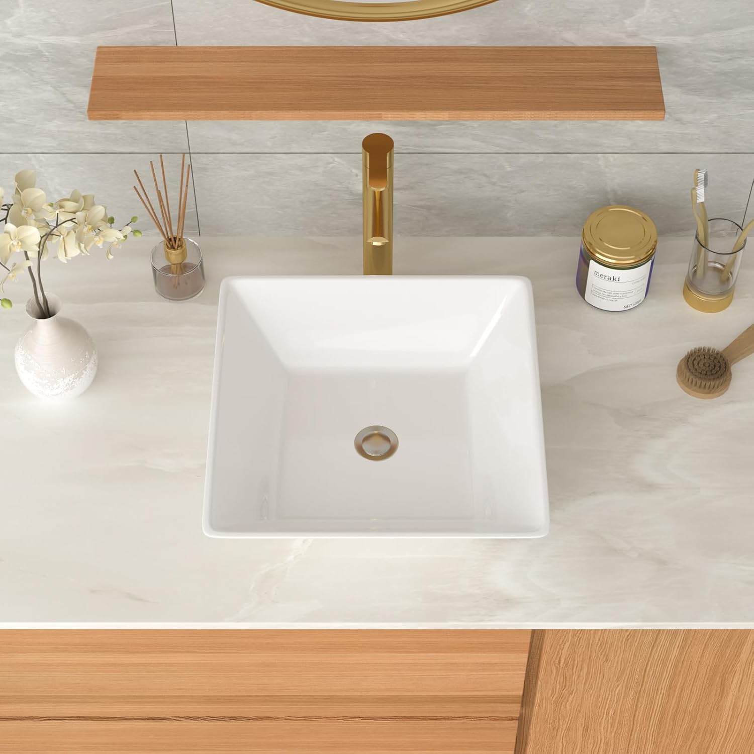 Vessel Sink Square 16''x16'' Small Square Bathroom Vessel Sink Above Counter White Porcelain Ceramic Vessel Vanity Sink Art Basin