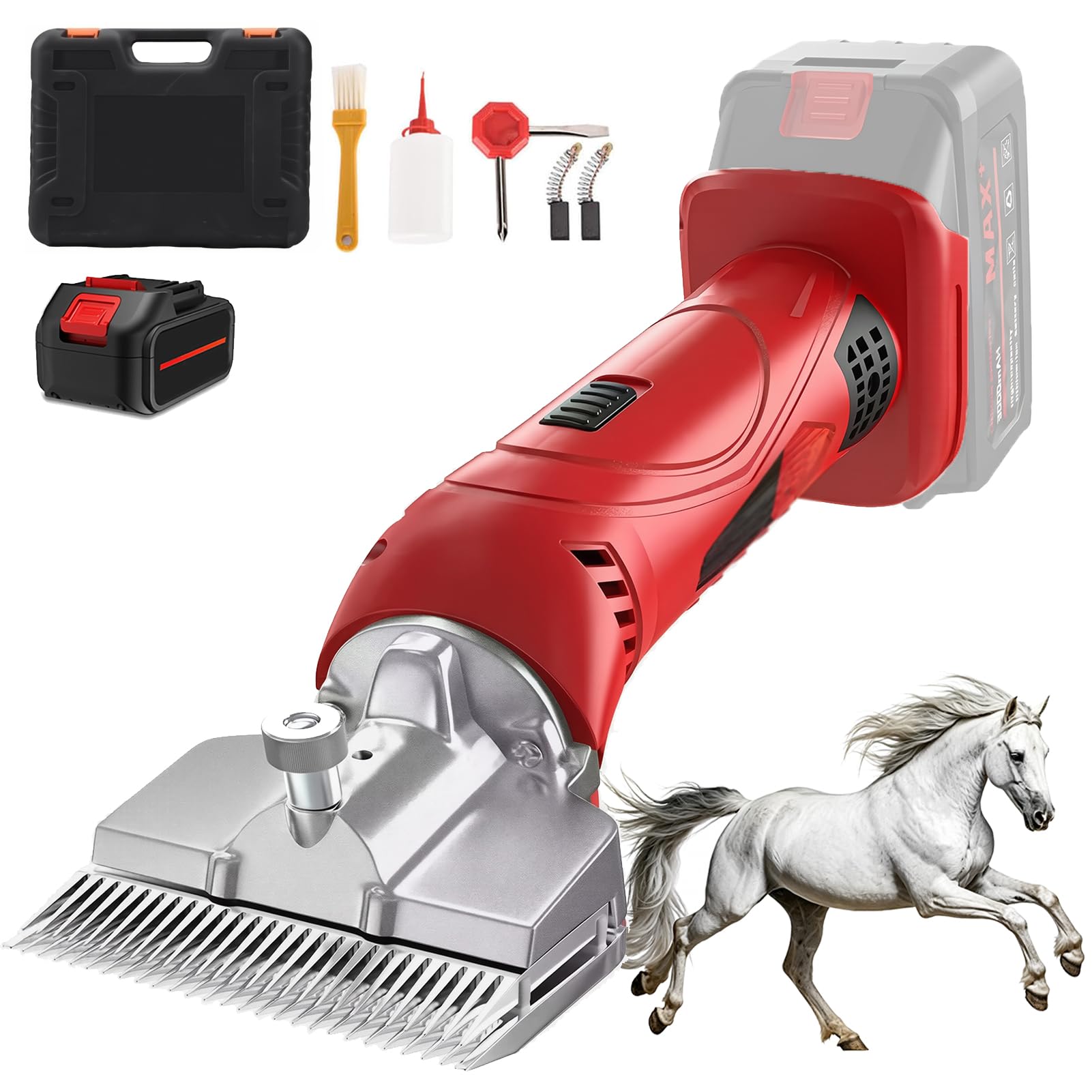 Cortadora Inalámbrica Para Caballos, Esquiladora Eléctrica 21V Para Ganado Con 2 Baterías De 3000mAh Y Ajuste De 6 Velocidades, 2500 RPM Cortadora Profesional Equina Para Caballos Oveja Red 1 Battery