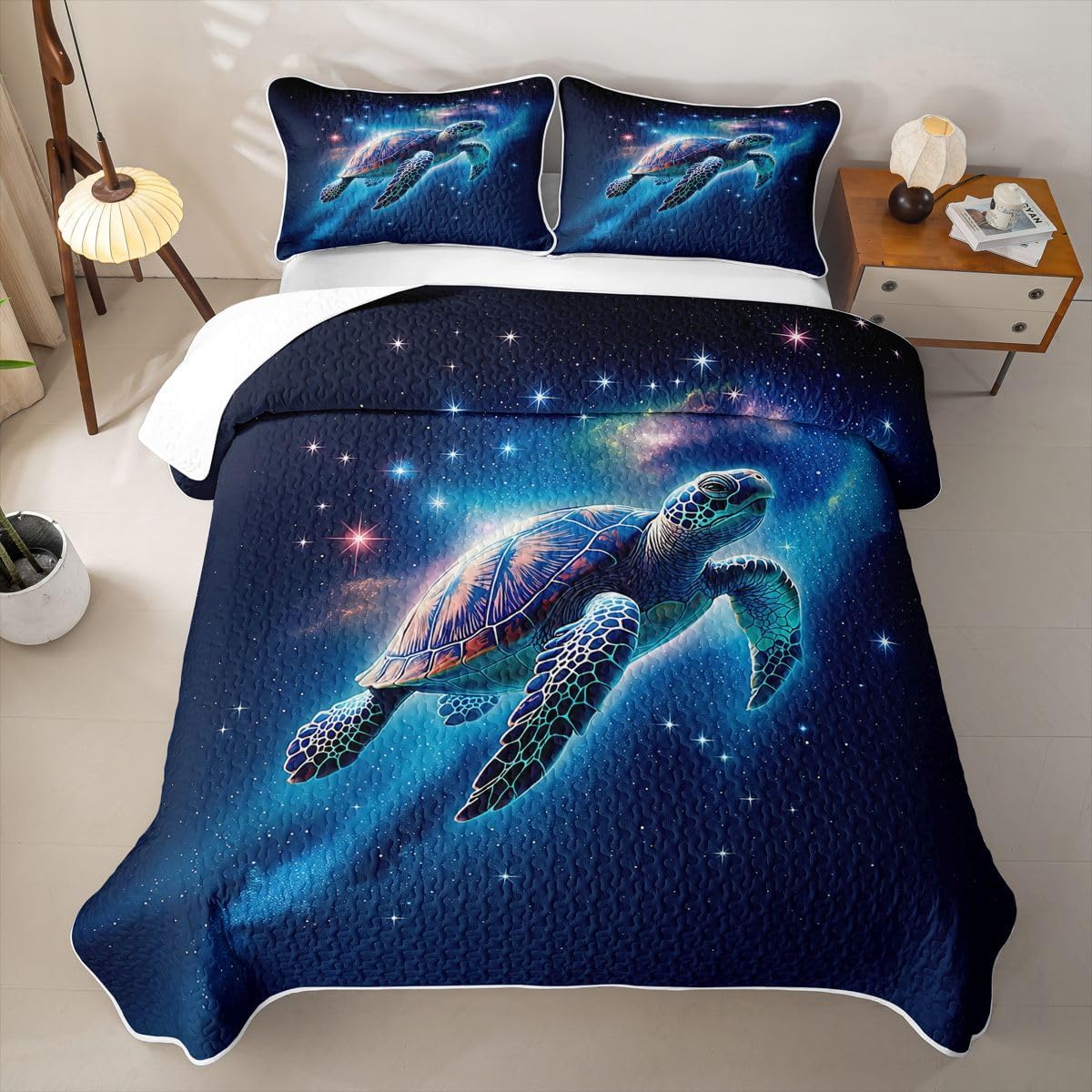 Manfei Sea Turtle Quilt Bedding Set,Marine Ocean Animal Queen Size,Starry Sky Galaxy Quilt Sets for Boys Girls,Dark Blue 3Pcs with 2 Pillow Shams