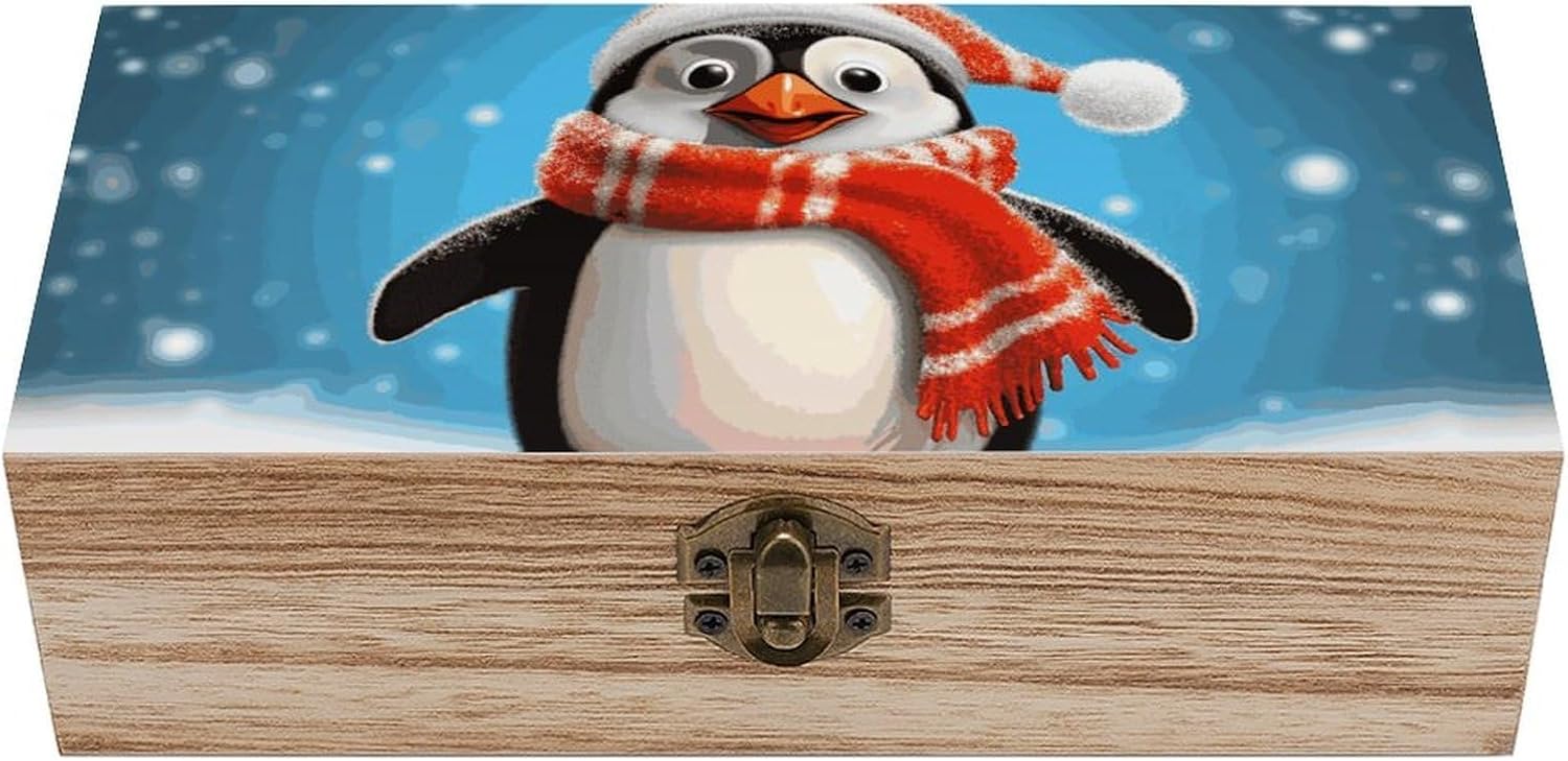 Christmas Funny Penguin Wooden Box Wood Storage Box with Hinged Lid Rectangular Keepsake Boxes Vintage Table Organizer Decorative Container for Gift Packaging Toys Crafts