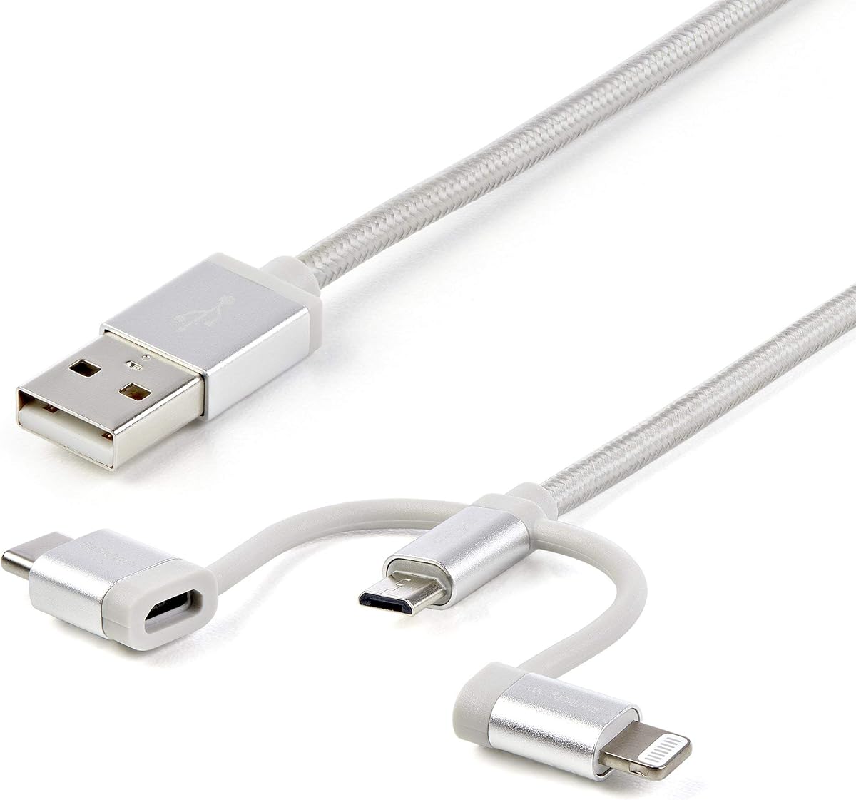 USB Multi Charging Cable - 3.3 ft / 1m - Lightning / USB-C / Micro-USB - Braided - MFi Certified - USB 2.0 - 3 in 1 Charging (LTCUB1MGR) Silver | MFi Certified, USB 2.0, 3-in-1 charging, USB-A to Micro-USB USB-C Lightning, Braided, Silver
