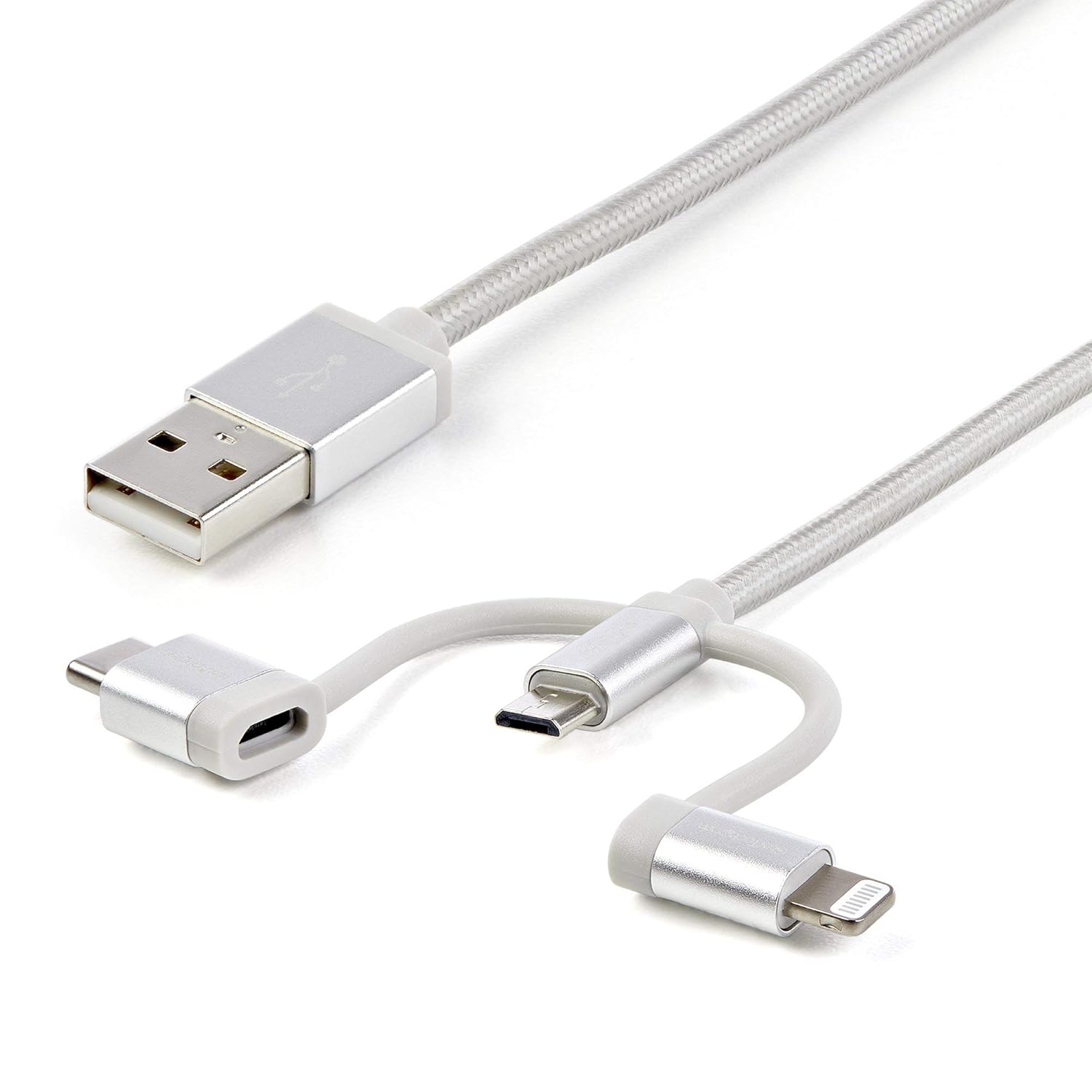 StarTech.com USB Multi Charging Cable - 3.3 ft / 1m - Lightning / USB-C / Micro-USB - Braided - MFi Certified - USB 2.0 - 3 in 1 Charging (LTCUB1MGR) Silver