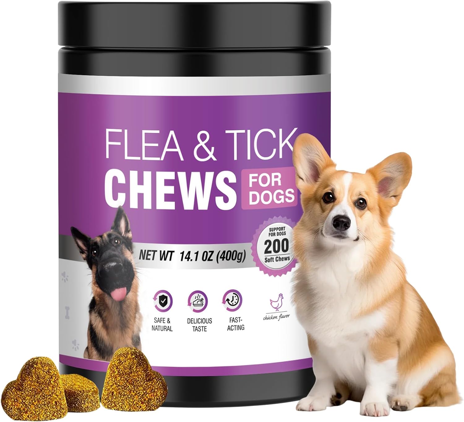 Dog Flea and Tick 200 Soft Chews Oral Formula Chicken Flavor for Dogs All Breeds Sizes Ages Soft Texture Easy Feeding Chewable Bites for Surface Discomfort Support