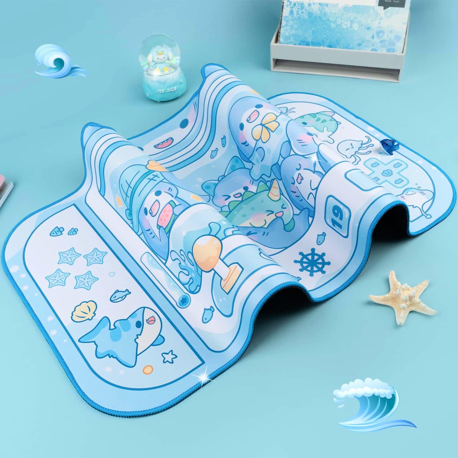 BelugaDesign Tappetino da scrivania con squalo, grande tappetino per mouse color pastello | Cutecore Ocean Switch Anime Keyboard Gaming | Lavabile in lavatrice antiscivolo da scrivania per bambini