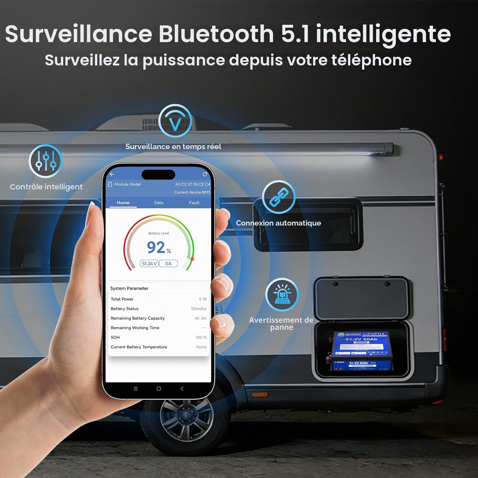 Batterie LiFePO4 48 V 50 Ah pour chariot de golf, BMS 50 A intégrée, batterie au lithium avec cellules de classe A, parfaite pour les camping-cars, les chariots, les moteurs de trolling, les maisons