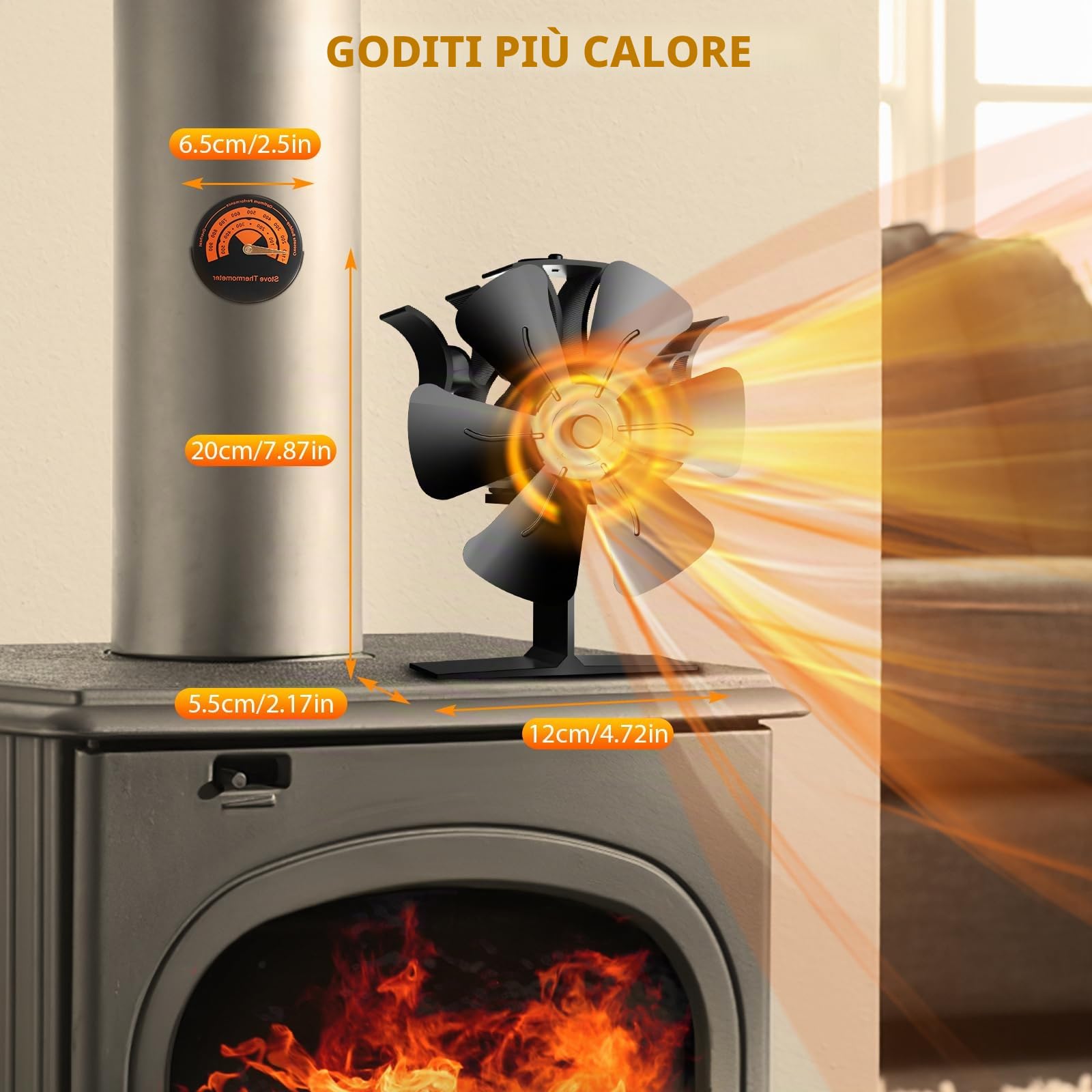 Ventilatore Per Stufa a Legna Con 6 Pale, Senza Elettricità Alimentato Silenzioso, Ventola Camino Per Pellet Con Termometro