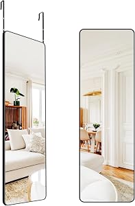 Over The Door Mirror, 14" x 42" Full Length Mirror, Black Rectangular Door Hanging Mirror, Long Full Body Dressing Mirror with Hanging Bracket for Bedroom, Living Room, Dorm