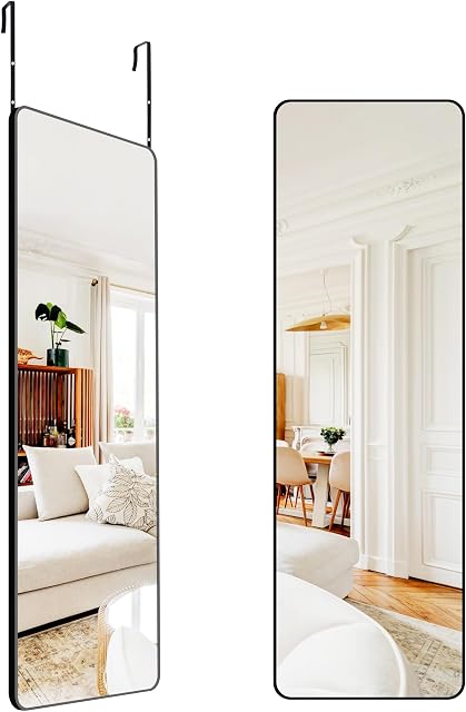 Au-dessus du miroir de porte, 14" x 42" Miroir pleine longueur, miroir de suspension rectangulaire de porte noire, longue robe du corps avec support suspendu pour chambre, salon, dorme