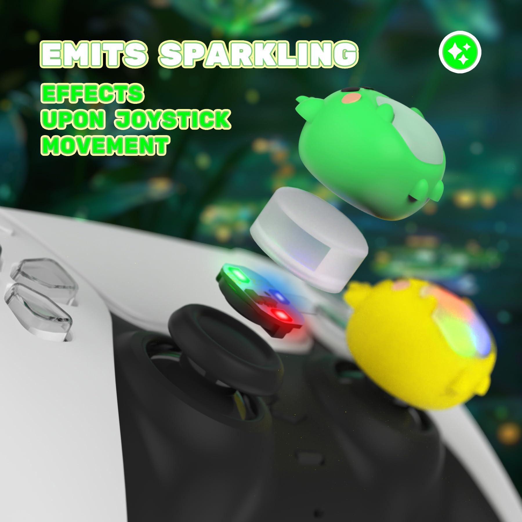 PlayVital LED Iluminados Agarres para el Pulgar - Tapas de Joystick para ps5/4, para Xbox Series X/S, para Xbox One, para Switch Pro, Cubiertas de Agarre con Diseño Divertido (Rana Verde & Amarillo)