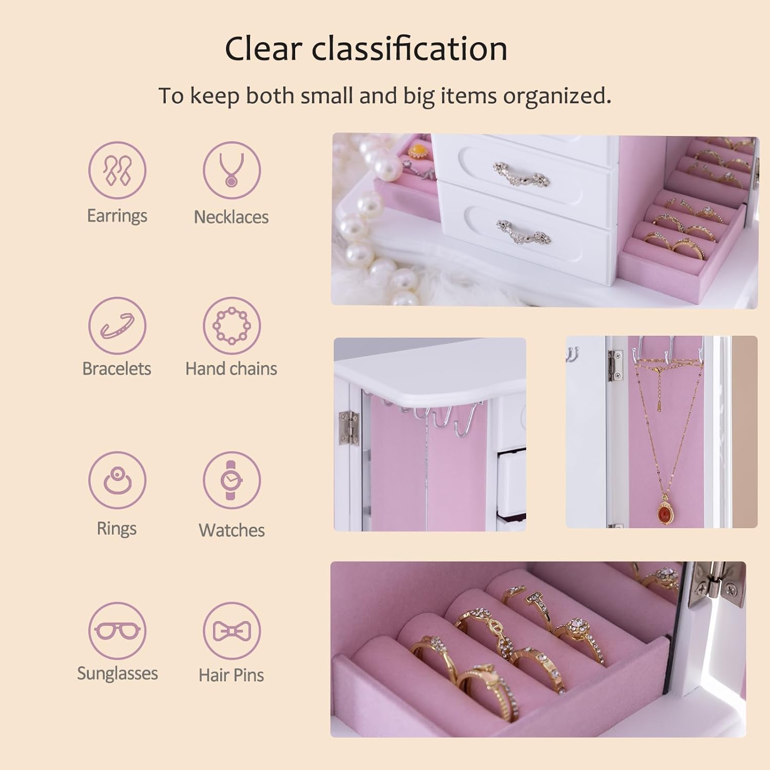 Jewelry Boxes For Women,Handle Caebing Craft Wooden Jewelry Box,With 12Hooks And Velvet Lining White Jewelry Boxes,Suitable As Gift For Friends - Image 5