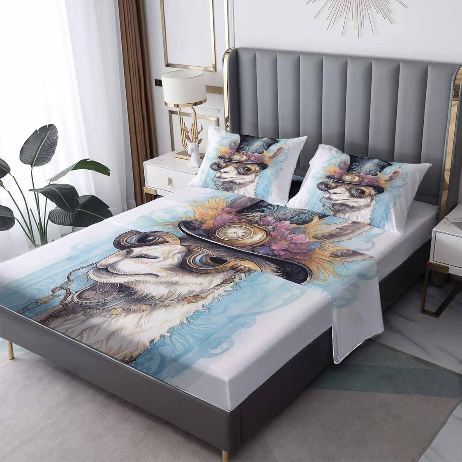 Punk Alpaca Sheets Full Size, Steampunk Bed Sheet Set, Super Soft Microfiber Patterned Bedding Sheet Sets 4 Piece, 16 Inch Deep Pocket Fitted Sheet & Flat Sheet & 2 Pillowcase