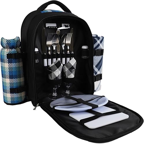 Miniatura 10 de Apollo Walker Juego de mochila de picnic para 2 personas con compartimento refrigerador, soporte desmontable para botellasvino, manta de forro