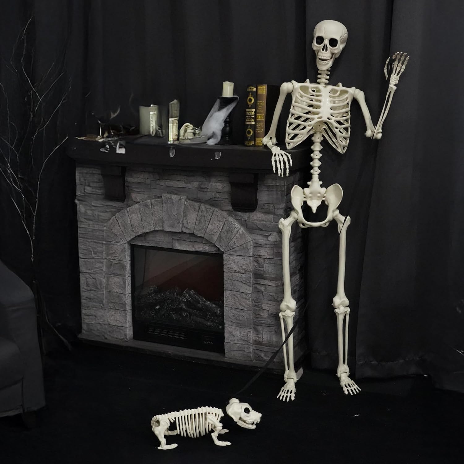 NEROSUN 5.4FT Halloween Skeletons Decoration, Posable Life Full Size Skeleton with Dog Skeleton, Realistic Plastic Human Bones for Halloween Props Haunted House Graveyard Party Decor