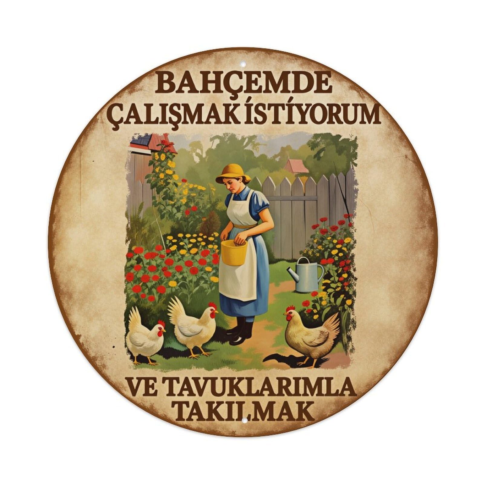 Garden Woman Chickens Flowers Bucket Round Tin Sign Vintage Style Metal Sign Home Bar Garden Wall Plaque Decor Metal Poster 8x8 Inch