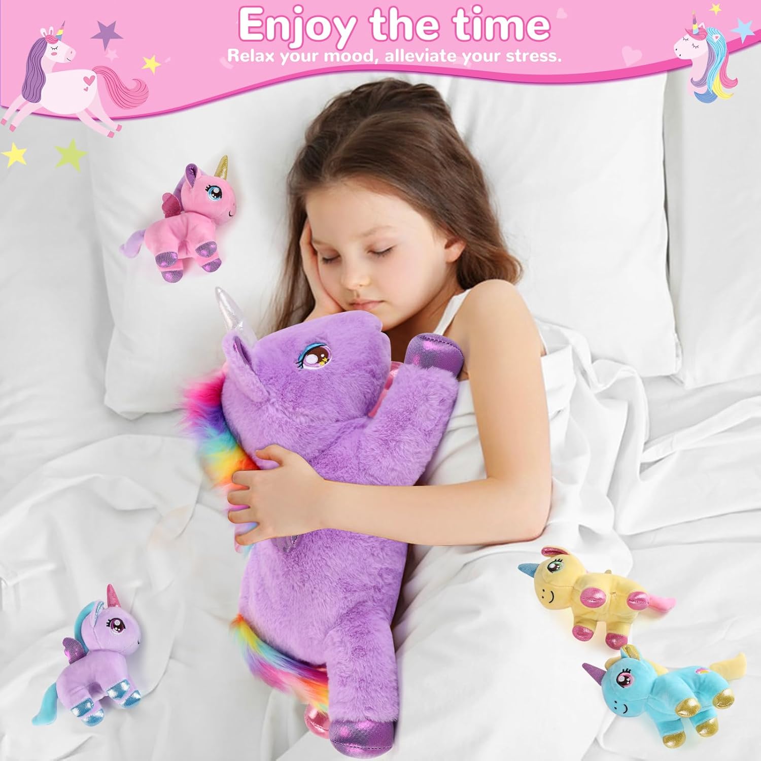 gnomantic 5 Pieces Unicorn Stuffed Animals - 1 Mommy Stuffed Unicorn with 4 Babies - Unicorns Gifts for Girls Ages 3-8, Unicorns Plush Toys for Christmas, Valentine's, Birthday Gifts (Pink & Purple)