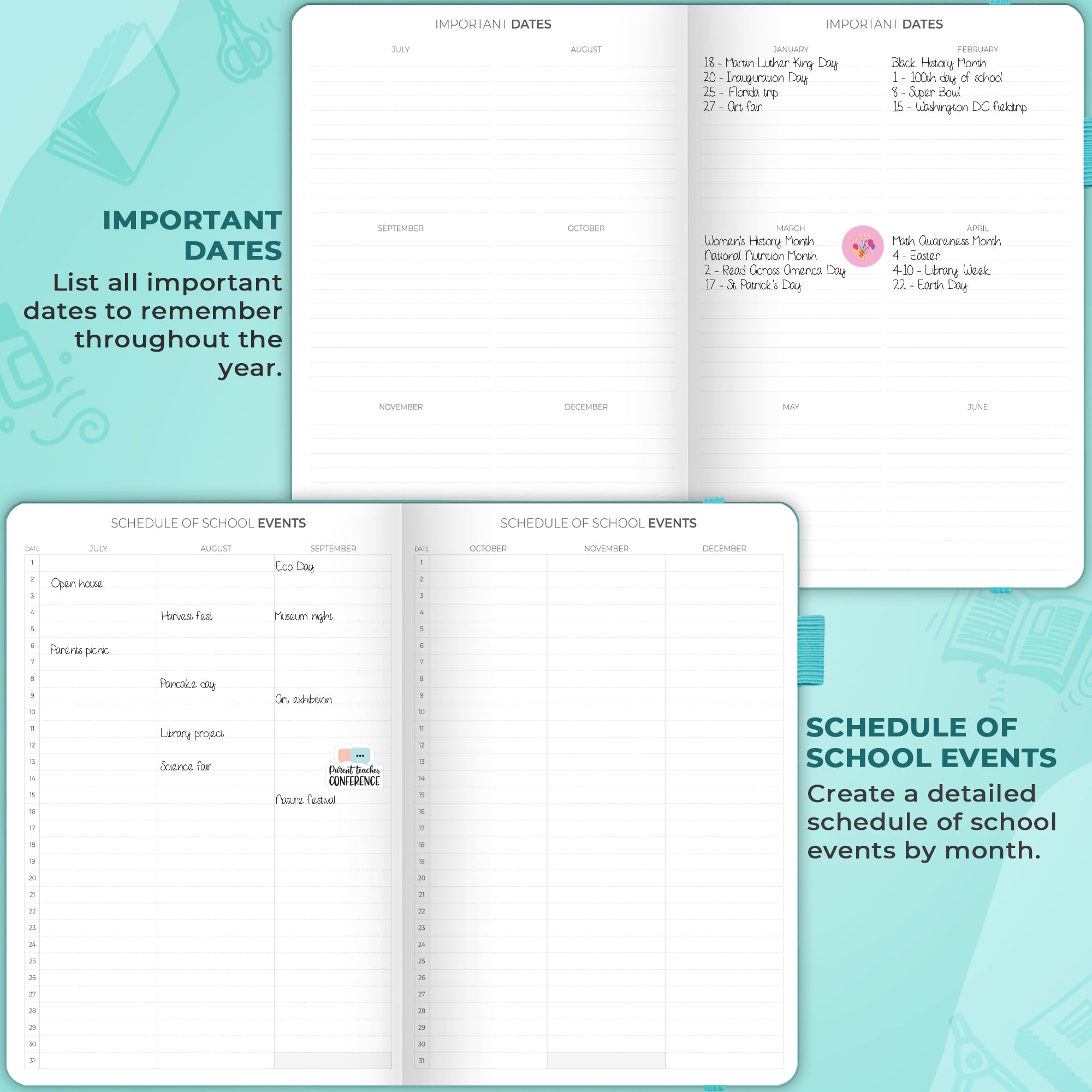 Clever Fox Planner per insegnanti, planner scolastico con calendari e piani di lezione, libro per l'organizzazione scolastica e domestica, formato A4 (turchese)