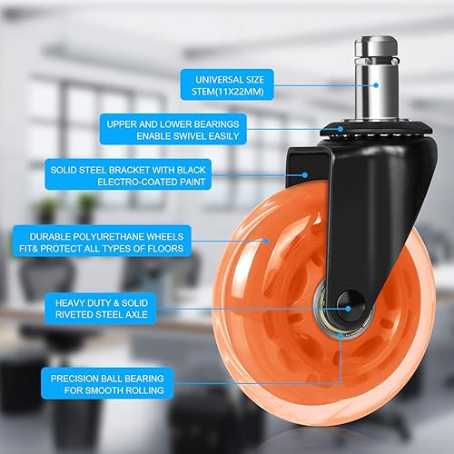 Miniatura 3 de Hirate - Juego de 5 ruedas resistentes para silla de oficina de 3 pulgadas, juego de 5 ruedas de repuesto para todos los pisos, vástago universal de