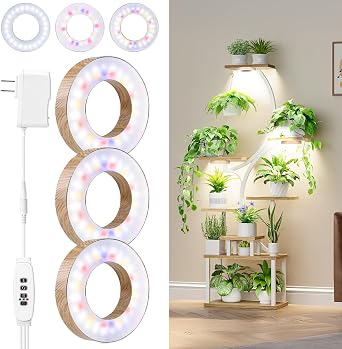 3CCT Grow Lights for Indoor Plants, 144 Full Spectrum LED Plant Light for Indoor Growing with Enhanced Red & Blue, 4/8/12H, 10 Brightness, 2 in 1 Small Ceiling Grow Light Wood Grain, 3-Head