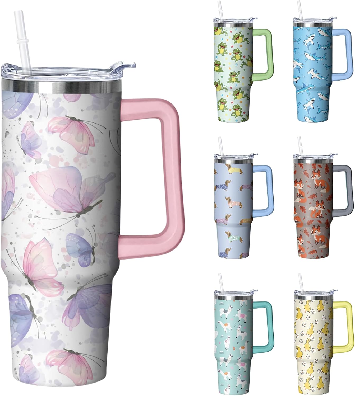 30 oz Butterfly Tumbler with Handle and Straw, Insulated Stainless Steel Cup with Lid, Travel Coffee Mug Water Bottle, Gifts for Woman Animal Lovers