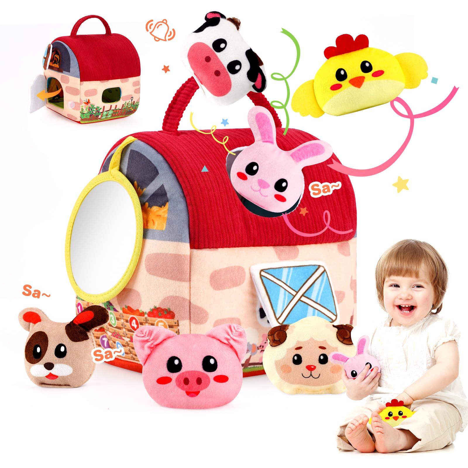 Juguetes de Peluche Suave para Bebés 6-12-18-24 Meses–Granero Sensorial de Granja con Animales Vaca, Oveja & Gallina, Sonajeros & Espejo – Juego Montessori para Desarrollo de Motricidad Fina 1-2 Años