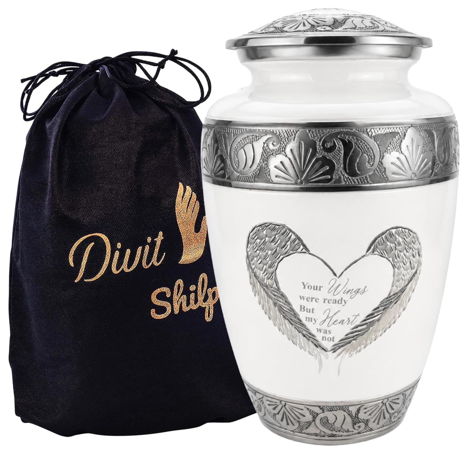 Cremation Urn for Human Ashes with Satin Bag, for Adults up to 200 lbs | Large Handcrafted Funeral Urns by Divit Shilp (Adult, Heart Wings)