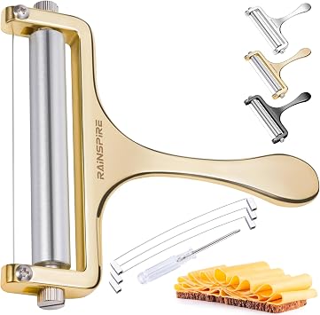 Rainspire Upgraded Cheese Slicer with Replaceable Wires Stainless Steel Cheese Slicers for Block Cheese Adjustable Cheese Cutter for Mozzarella, Cheddar, Gruyere Charcuterie Accessories, Gold
