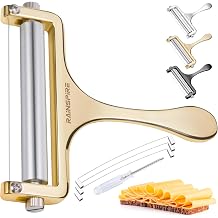 Rainspire Upgraded Cheese Slicer with Replaceable Wires Stainless Steel Cheese Slicers for Block Cheese Adjustable Cheese Cutter for Mozzarella, Cheddar, Gruyere Charcuterie Accessories, Gold