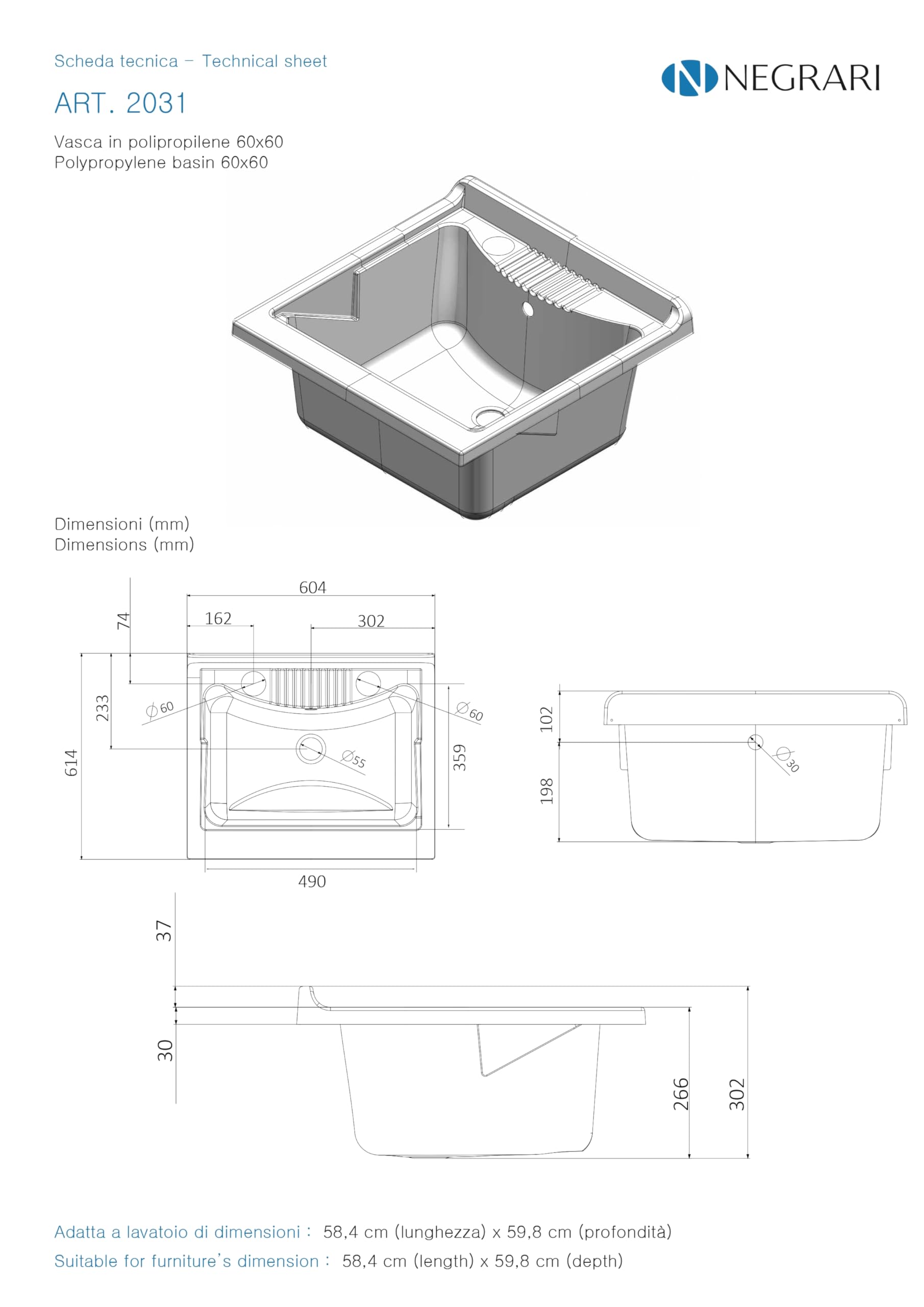 Negrari Baignoire en résine PP pour évier, résistant à l'humidité, résistant aux acides courants, kit d'échappement inclus, intérieur et extérieur, L60 x P60 x H30 cm, blanc