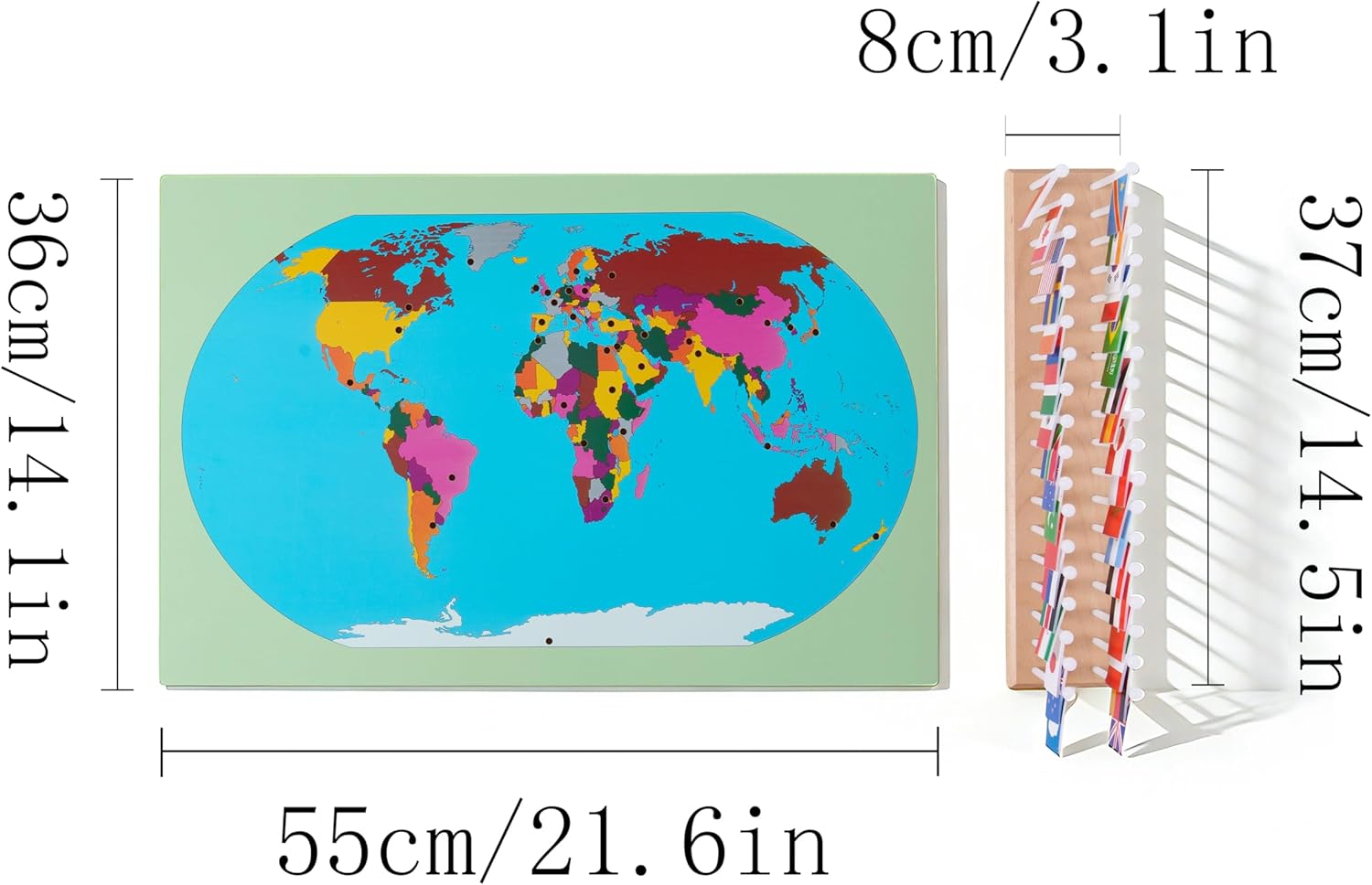 Premium Montessori World Flags Set with 22" Wooden Map- 36 Country Flags, Solid Beechwood, Educational Toy for Kids, Homeschool Classroom Geography Materials(Flags of The World) (Flags of the World)