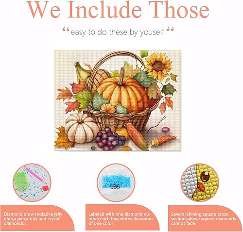 Miniatura 4 de Kit de pintura de diamantes de calabaza de Acción de Gracias de otoño, kit de arte de diamantes 5D de Acción de Gracias para adultos principiantes,