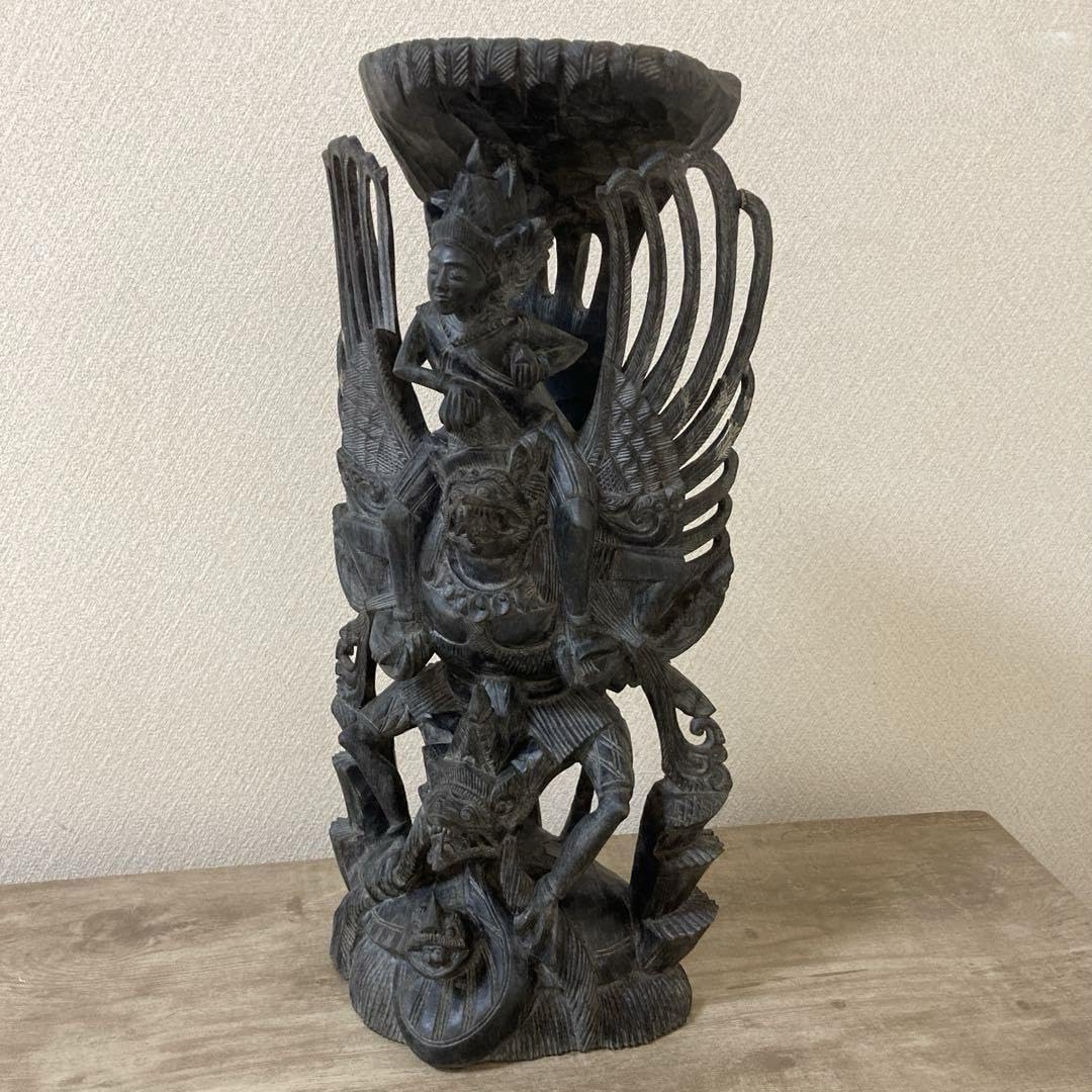 霊鳥ガルーダと維持神ヴィシュヌ ヒンズー教尊像 木彫り置物 縞黒檀