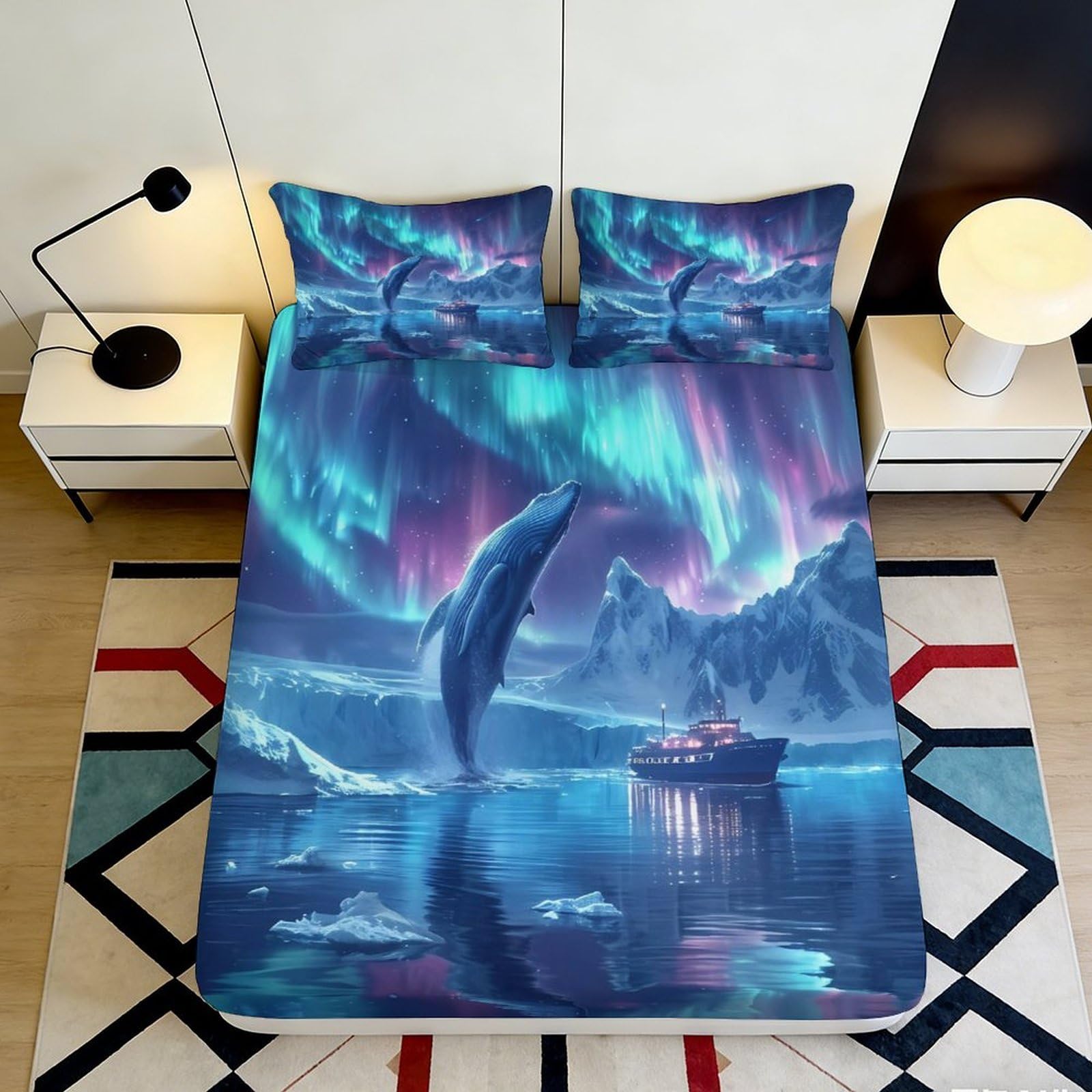 Jqzkxnhpbr Style-5 3D Printed Aurora Whale Fitted Sheet Microfiber Soft Breathable Northern Lights Mattress Cover For Bedroom Dorm Decor 90X200x25cm