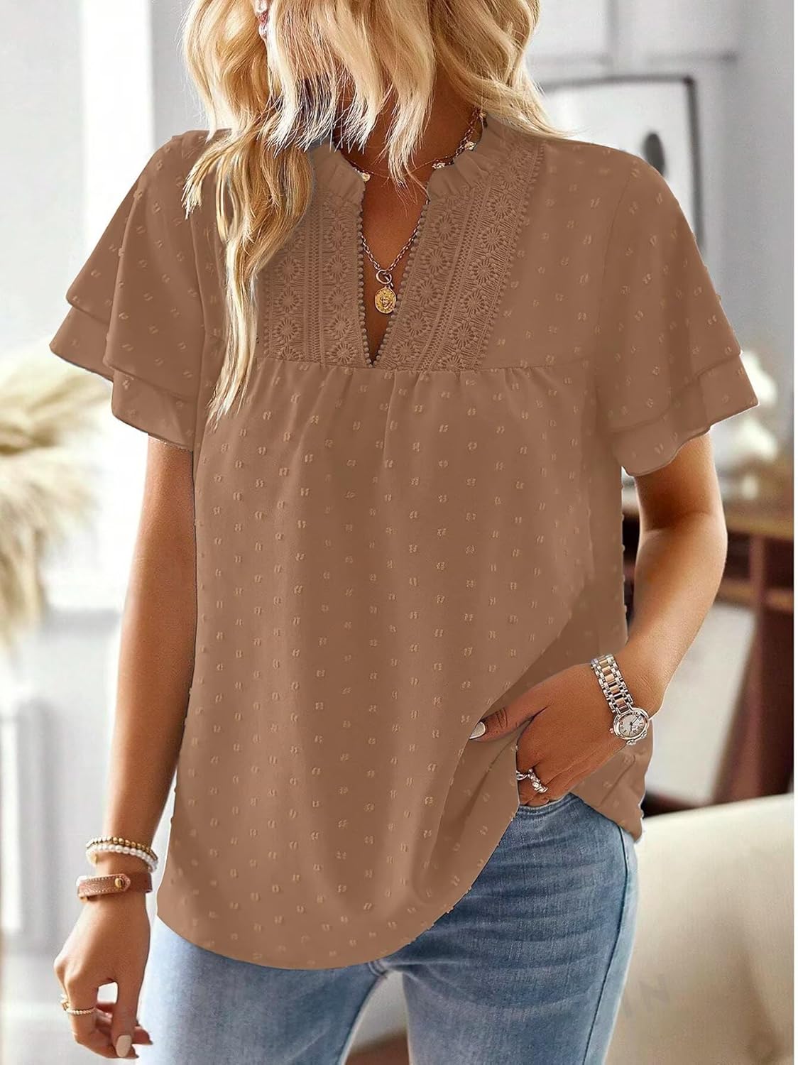 Womens Tops Butterfly Sleeve V Neck Blouses for Women Dressy Casual Flowy Swiss Dot Ruffle Short Sleeve Shirts - Image 2